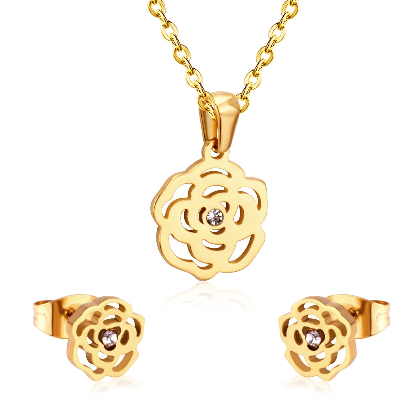 ASON Romantic Flower Shape Pendants Chain Necklace Piercing Stud Earrings Jewelry Sets Stainless Steel Gold Color For Women