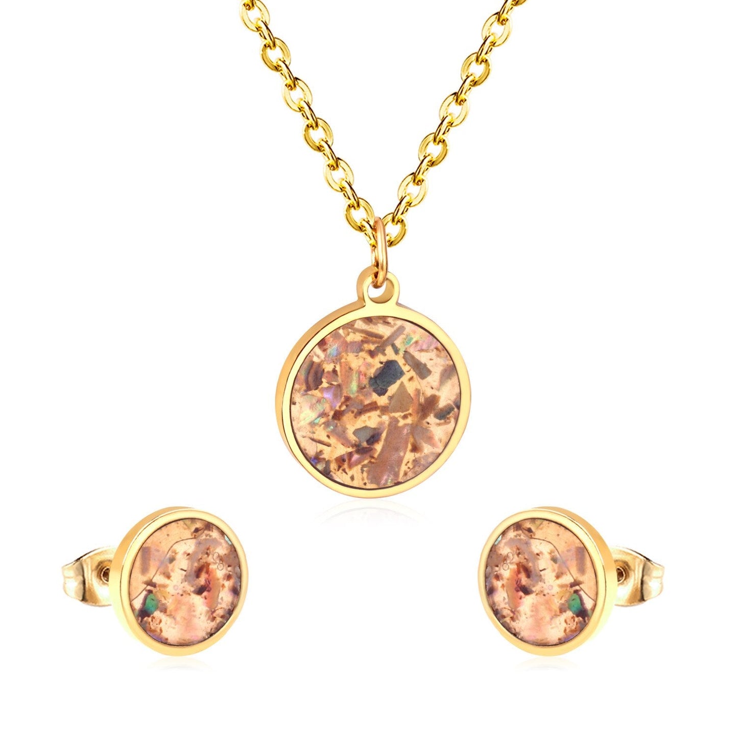 ASON Round Wedding Shell Carbon Fiber Jewelry Sets Pendant Necklace & Small Stud Earrings 316L Stainless Steel for Women