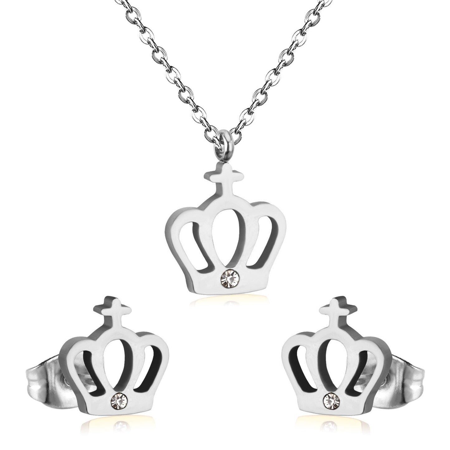 ASON Simple Style Crown Shape Frosted Gold Color Necklace Earrings Stainless Steel for Women Fashion Jewelry Sets Party