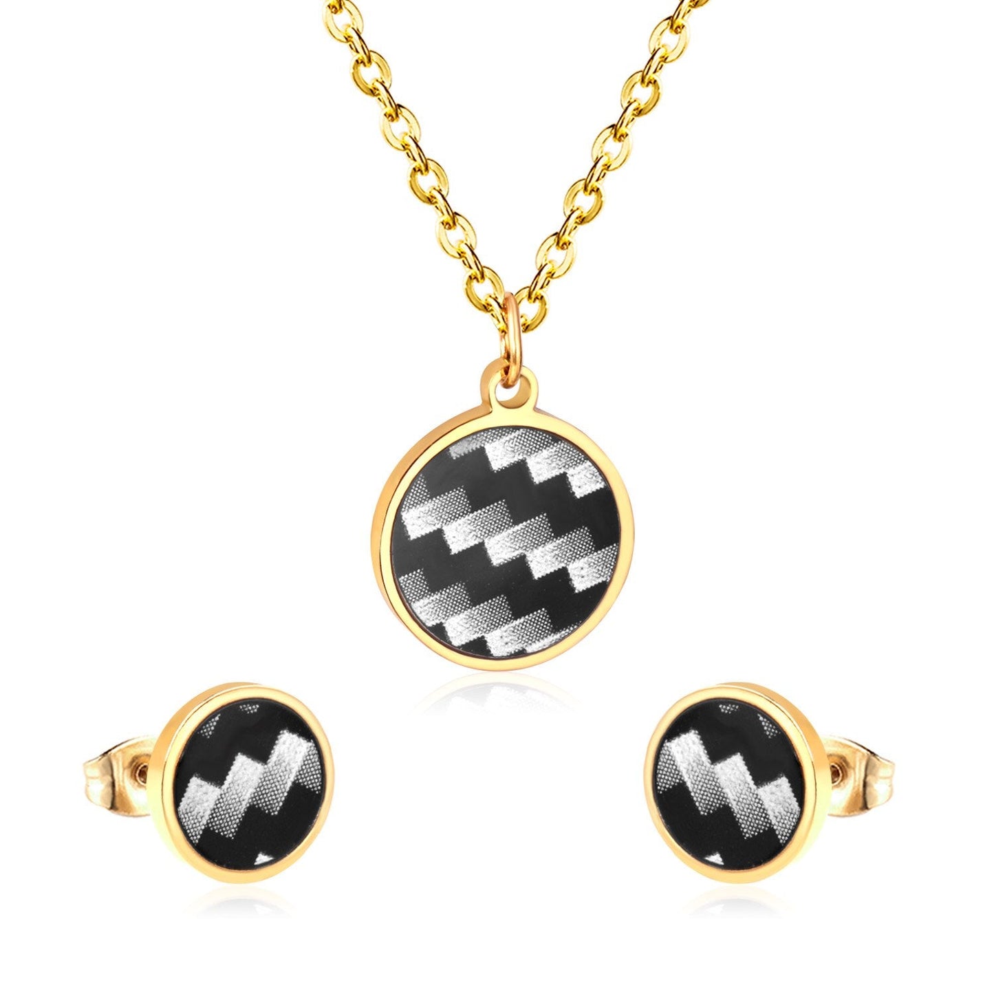 ASON Round Wedding Shell Carbon Fiber Jewelry Sets Pendant Necklace & Small Stud Earrings 316L Stainless Steel for Women