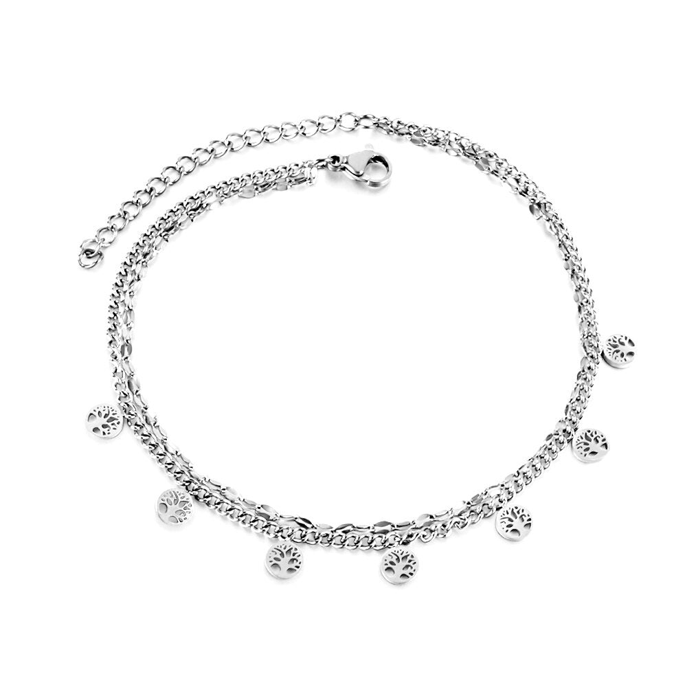 ASON Trendy Round Hollow Out Tree Accessories Multi-layer Chain Anklet Gold Color Stainless Steel For Women Fashion Jewelry