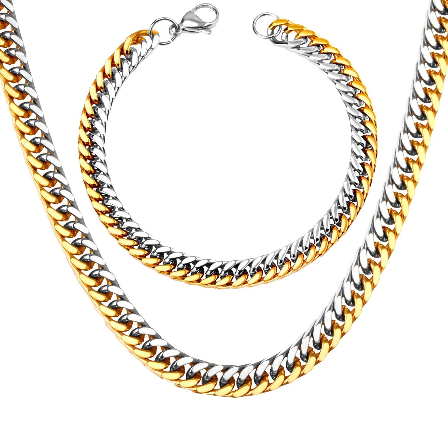 ASON 7mm Link Chians Jewelry Set Gold Color Stainless Steel Cuban Chain Necklace Bracelet Bangle Set For Women Men Fashion