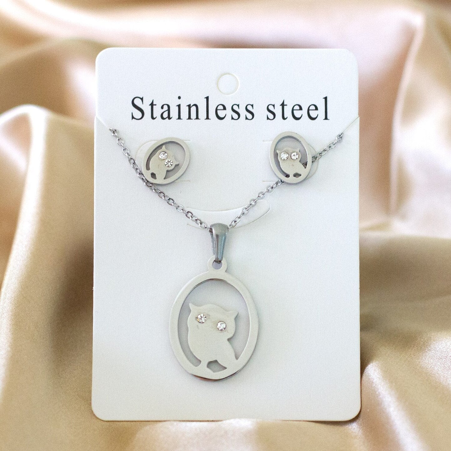 ASON Gold Color 316L Stainless Steel Jewelry Sets for Women Round Owl Pendant Necklace Small Stud Earrings for Femme