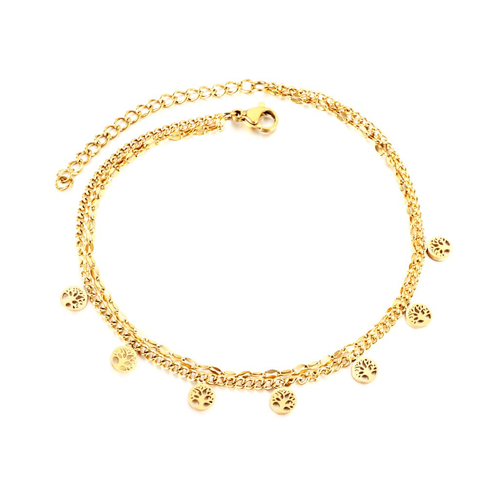 ASON Trendy Round Hollow Out Tree Accessories Multi-layer Chain Anklet Gold Color Stainless Steel For Women Fashion Jewelry