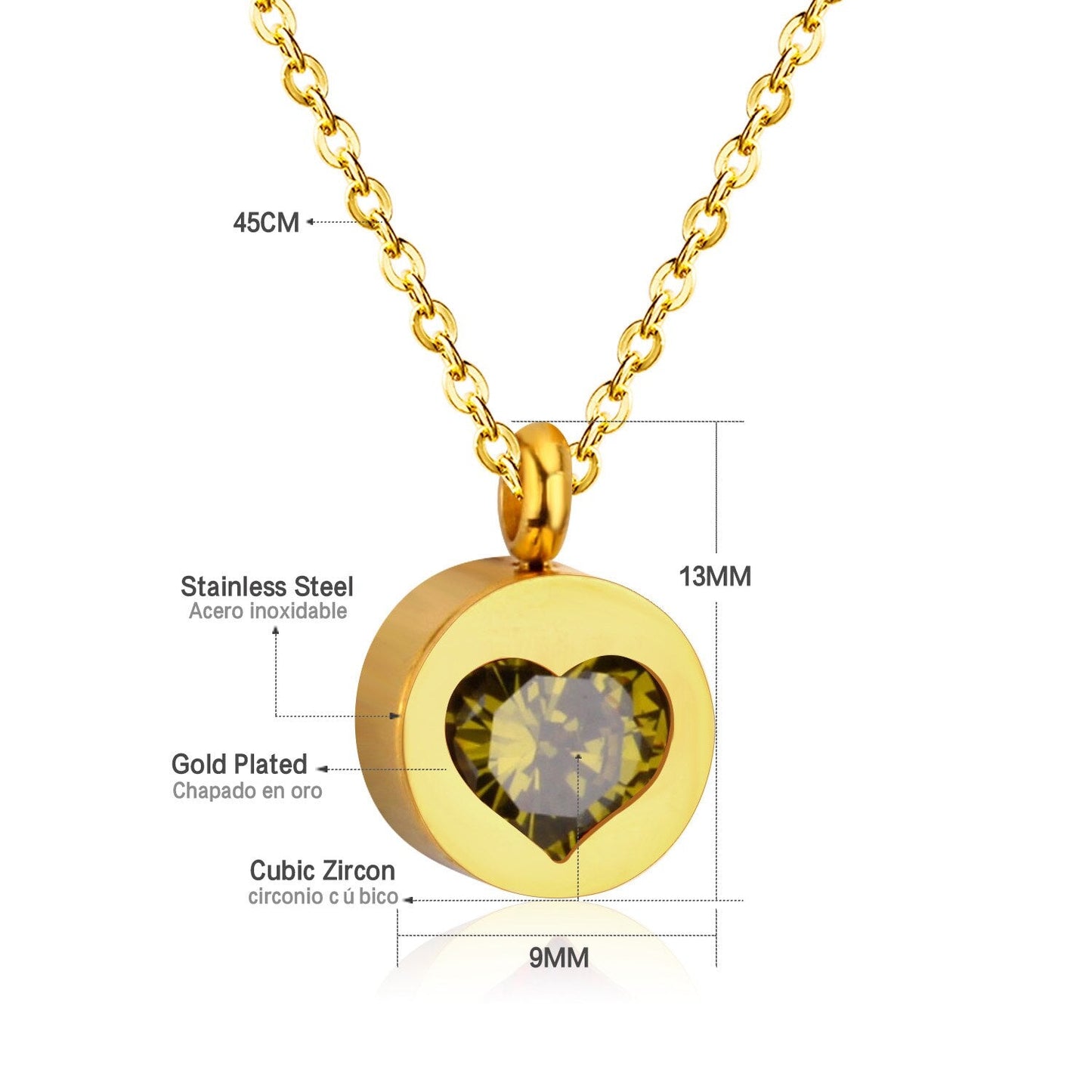 ASON Heart Cubic Zirconia Round Pendants Stainless Steel Chains Necklace Gold Color Accessories Wholesale Daily Wear Choker