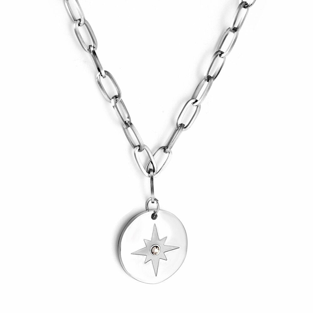 ASON Trendy Round Charm Luck Star Pendant Necklace Chains Gold Color Stainless Steel For Women Jewelry Chokers Simple Style