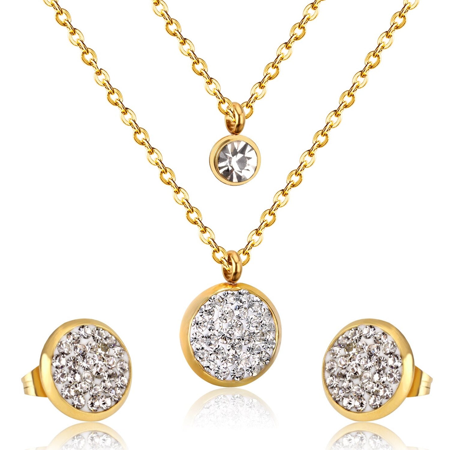 ASON Double Round Rolo Cuban Link Chains Jewelry Sets Stainless Steel Cubic Zirconia Pendant Necklace Earring Bijoux Party