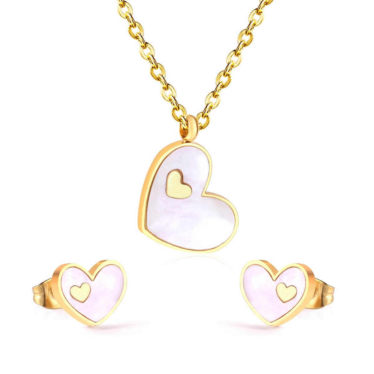 ASON Heart White/Black Shell Pendant Necklace Stud Earring Jewelry Sets Stainless Steel Gold Color Party Accessories Gift