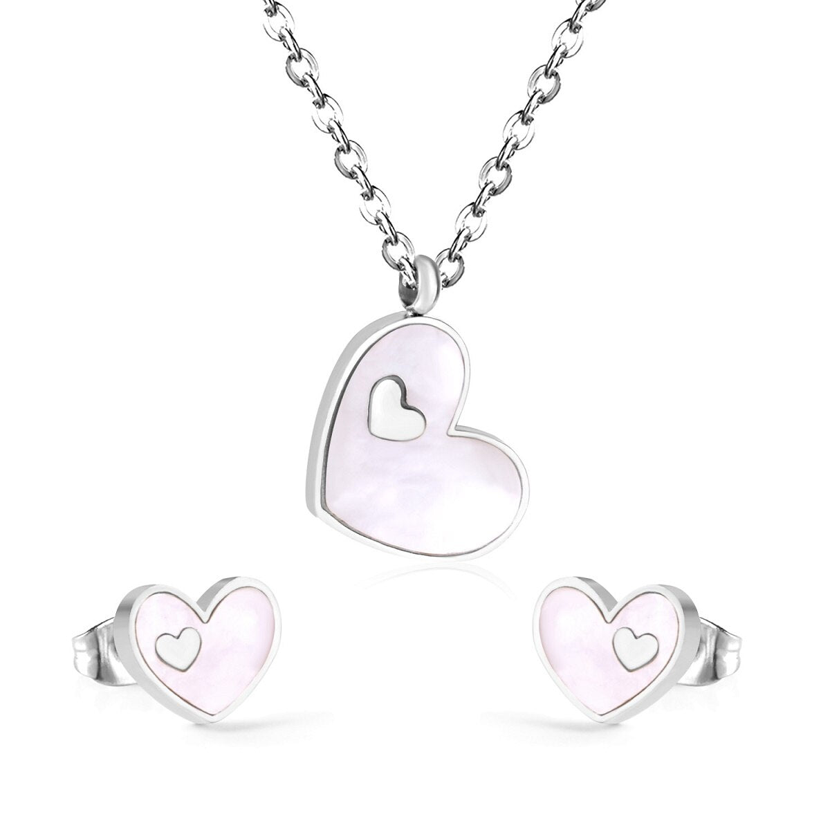 ASON Heart White/Black Shell Pendant Necklace Stud Earring Jewelry Sets Stainless Steel Gold Color Party Accessories Gift