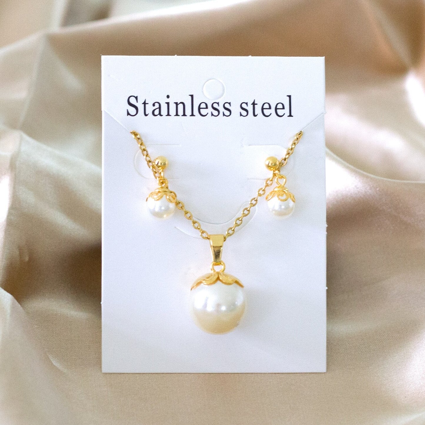ASON Gold Color Bridal Wedding Jewelry Sets for Women 316L Stainless Steel Imitation Pearl Necklace Pendant Drop Earrings