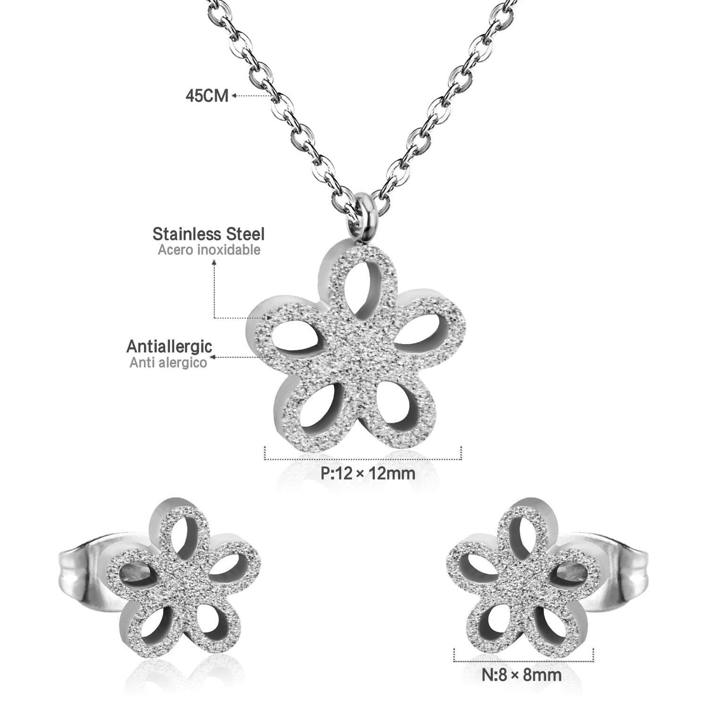 ASON Frosted Flower Chain Pendant Necklace Piercing Earrings Gold Color Stainless Steel for Women Jewelry Sets Fashion