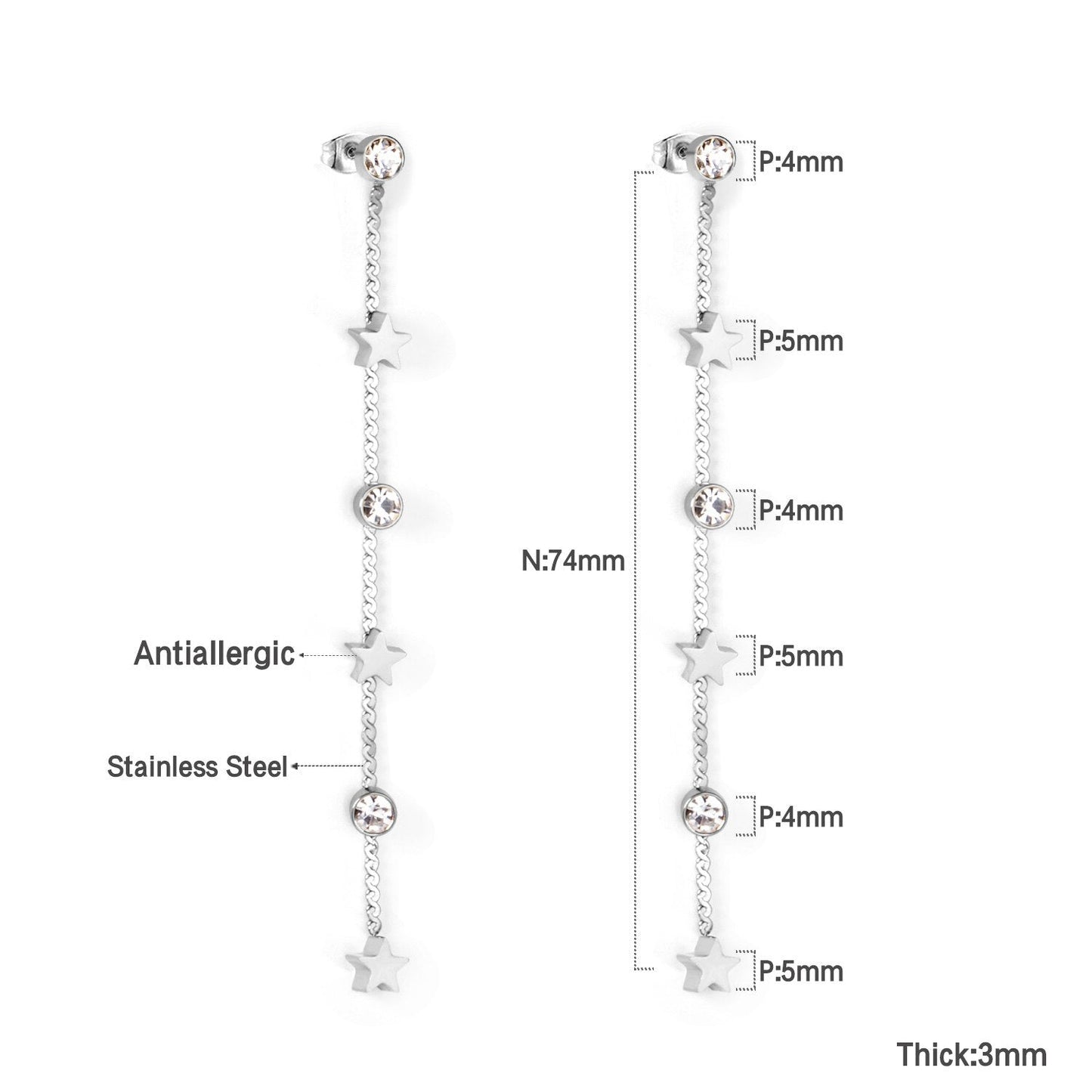 New Crystal Stars Coin Long Tassel Dangle Earrings For Women Girls Stainless Steel Trending Korean Fashion Jewelry