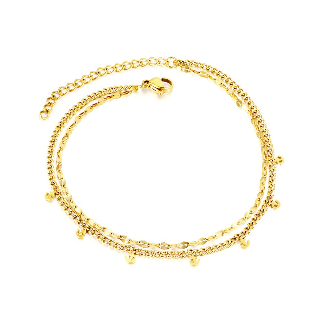 ASON Trendy Anchor Accessories Multi-layer Link Chains Anklets Gold Color Stainless Steel For Women Girl Foot Jewelry Party