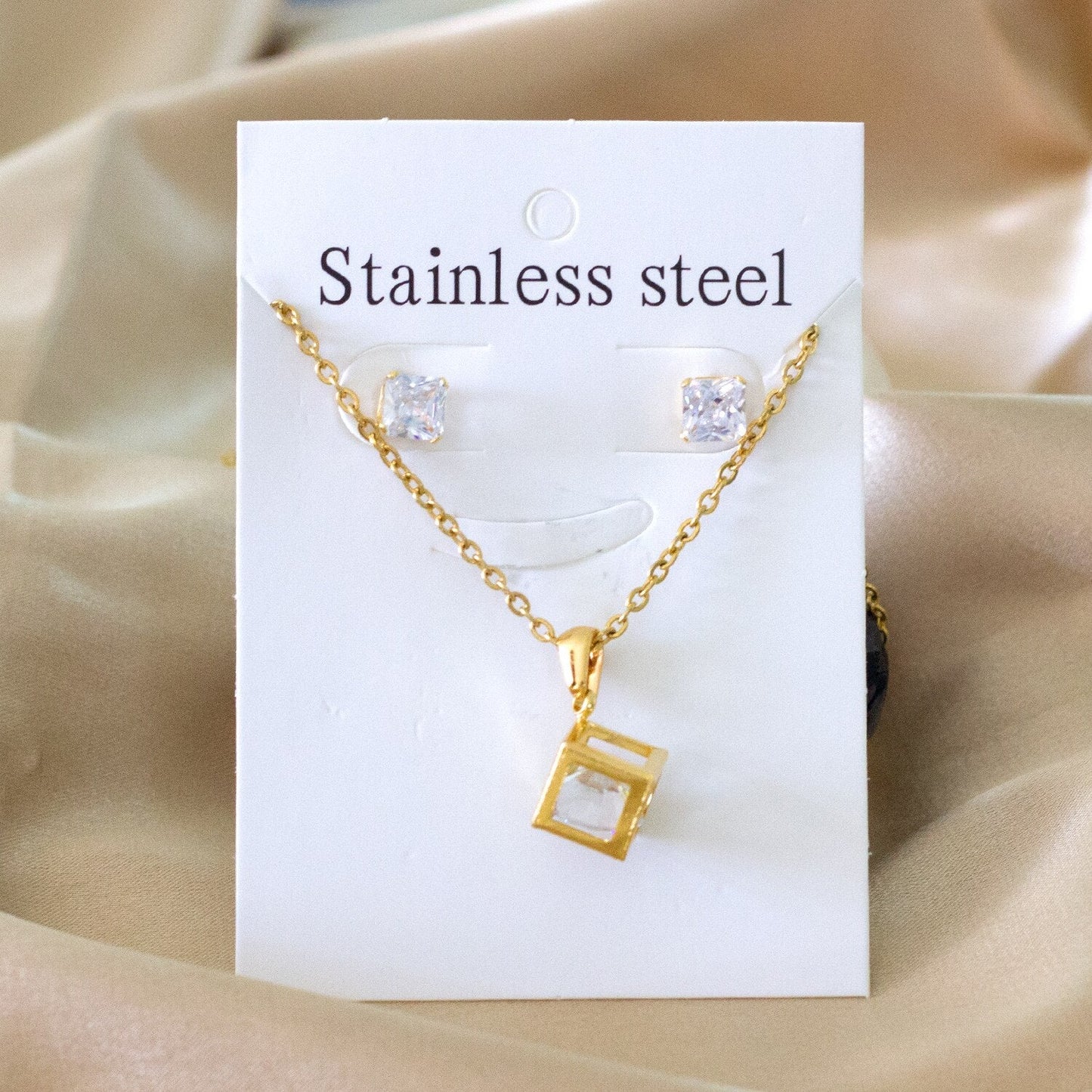 ASON 316L Stainless Steel Gold Bridal Wedding African Jewelry Set for Women 2019 Square Necklace Pendant Small Stud Earring