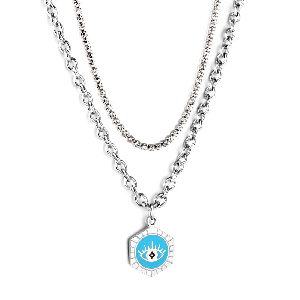 ASON Trendy Hexagon Blue Evil Eye Charm Pendant Necklace Gold Color Stainless Steel For Women Jewelry Chokers Boho Party