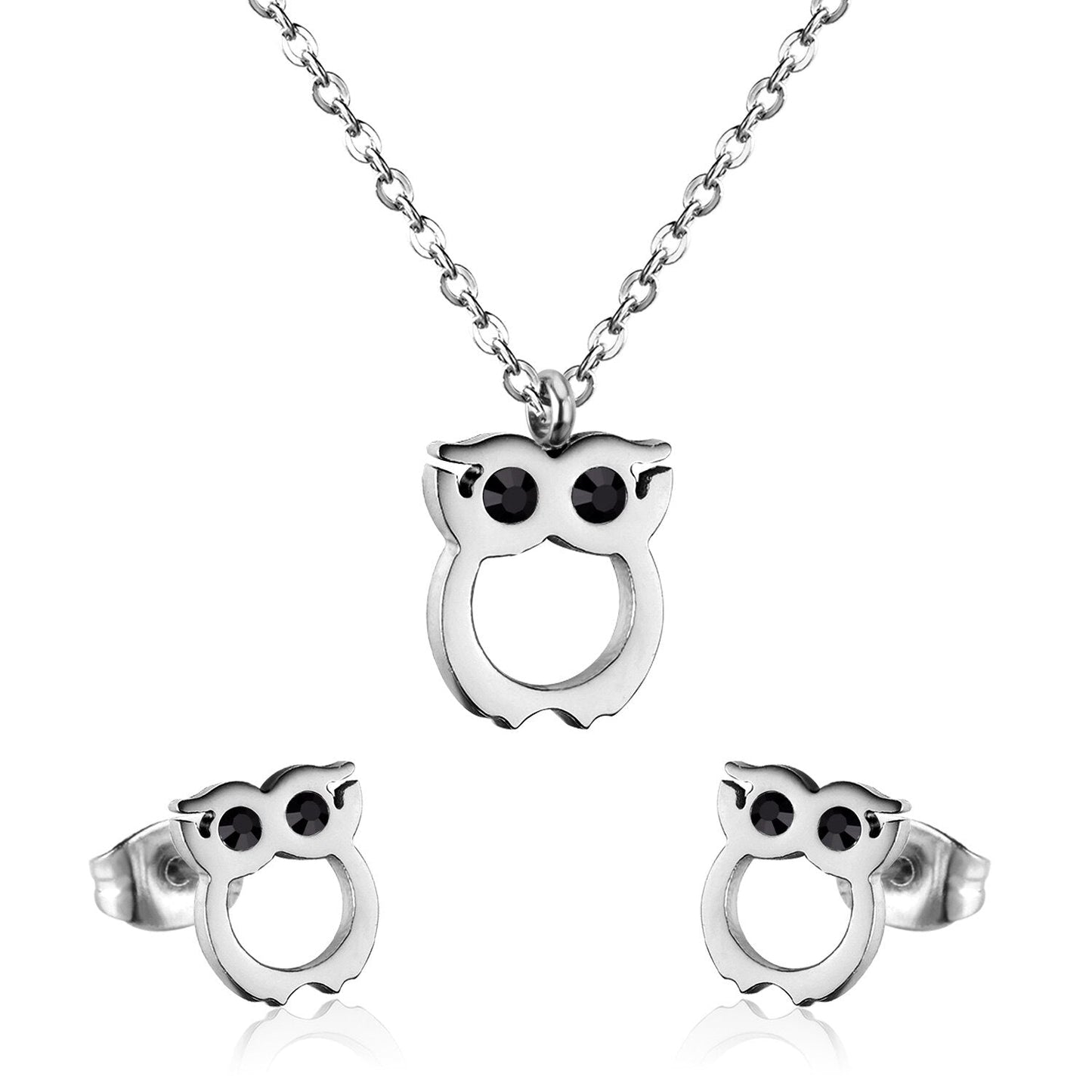 ASON Cute Owl Pendant Necklace Piercing Stud Earrings Jewelry Sets Stainless Steel Gold Color For Women Wholesale Fashion