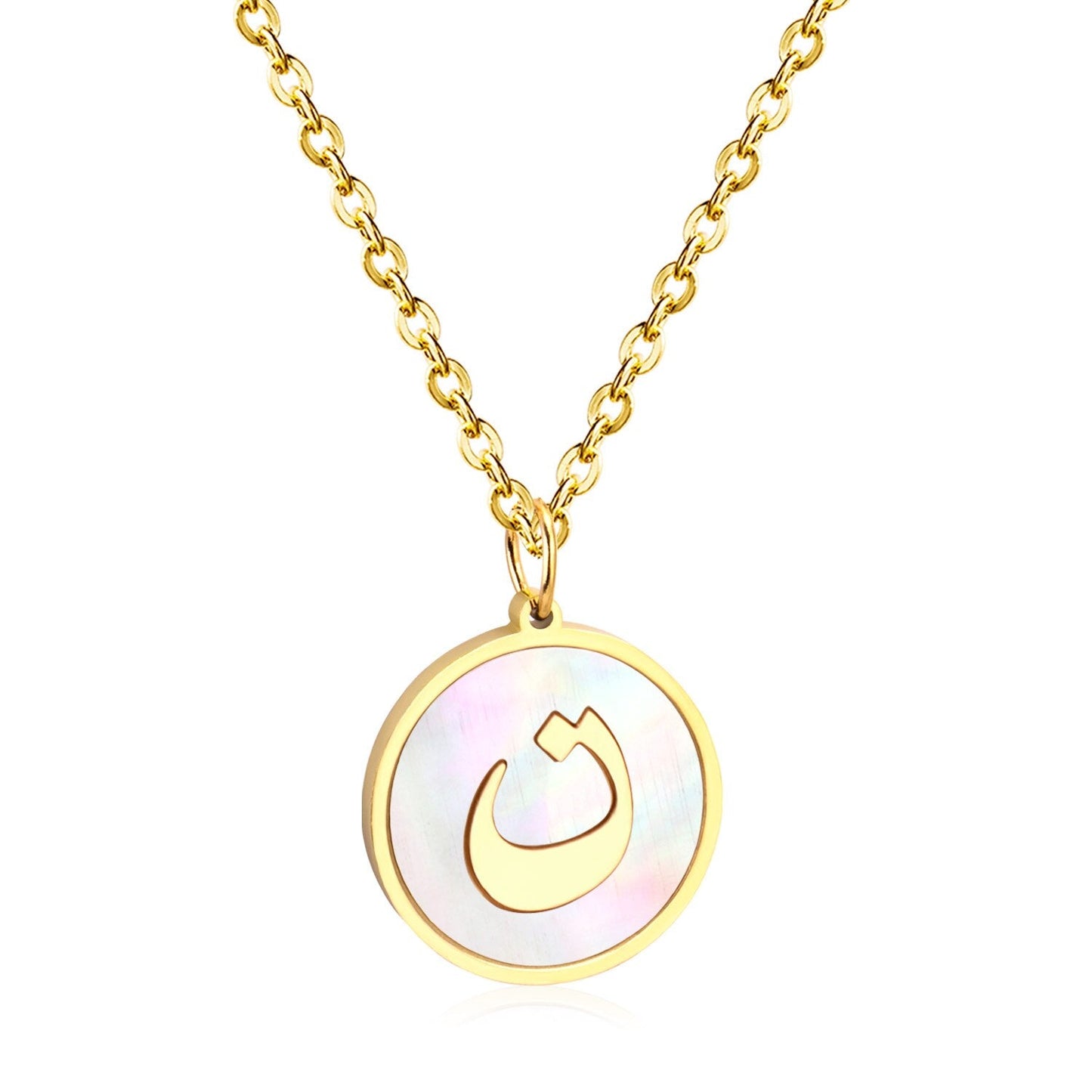 ASON White Shell Gold Color Initial Letter Fashion Pendant Necklace Stainless Steel Alphabet Link Chain for Gift