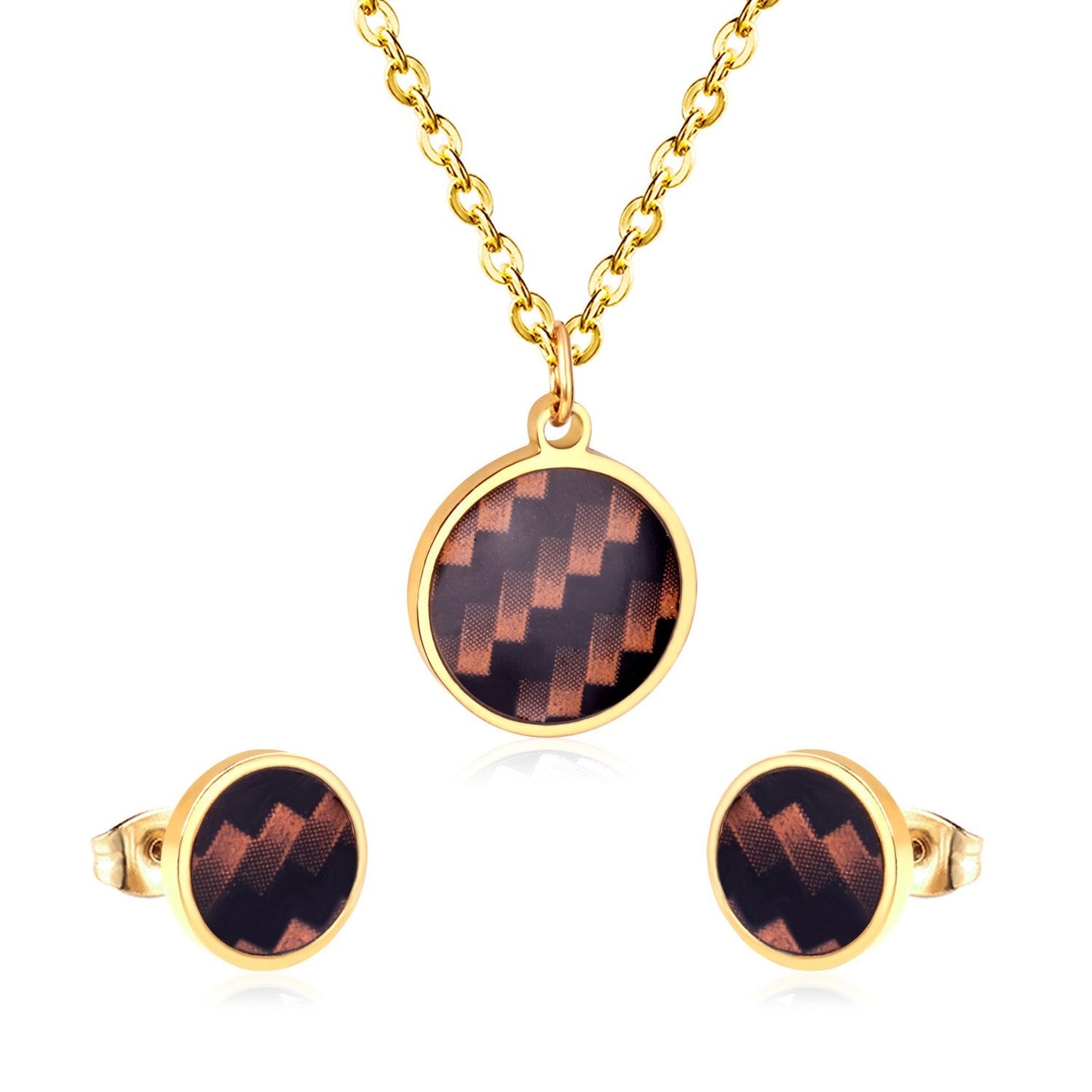 ASON Round Wedding Shell Carbon Fiber Jewelry Sets Pendant Necklace & Small Stud Earrings 316L Stainless Steel for Women