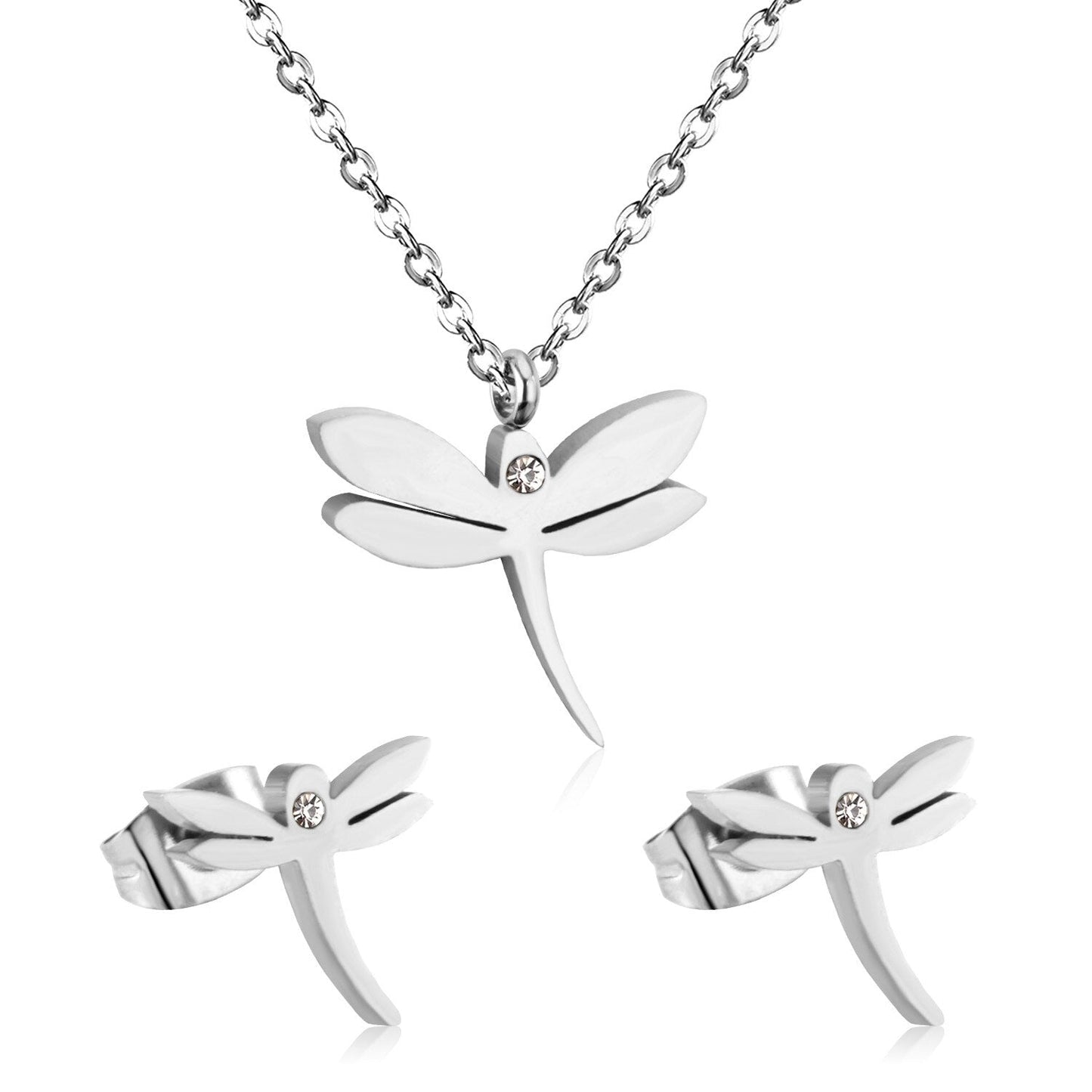 ASON Dragonfly Necklace Earrings Jewelry Set Stainless Steel Gold Color Animal Pendants Necklaces Statement Fashion Jewelry