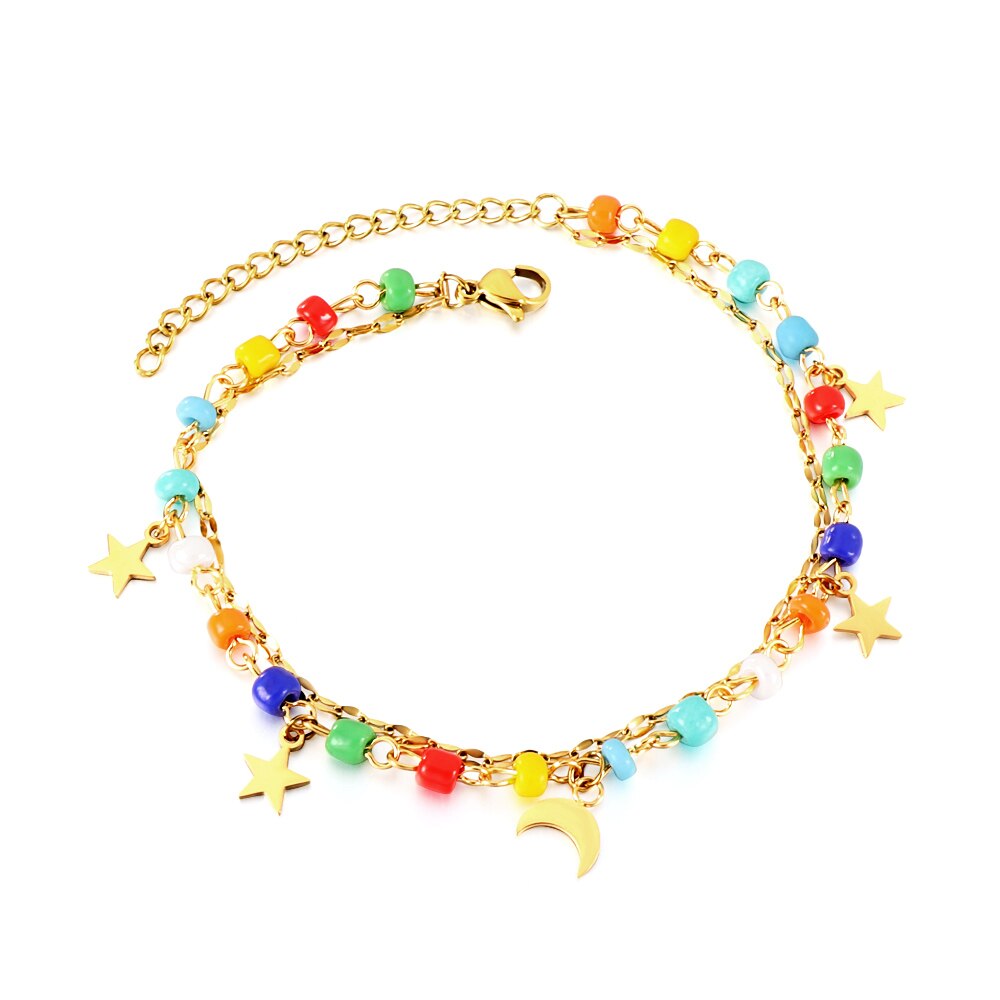 ASON Trendy Mixed Color Beads Moon And Star Accessories Multi-layer Chains Anklet Gold Color Stainless Steel For Women Gift