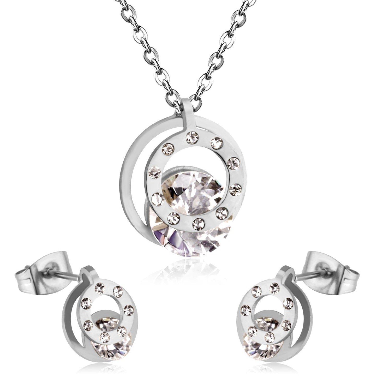 Cubic Zirconia Round Double Necklace Earrings Jewelry Sets For Women Girl bijoux Stainless Steel Wholesale Wedding