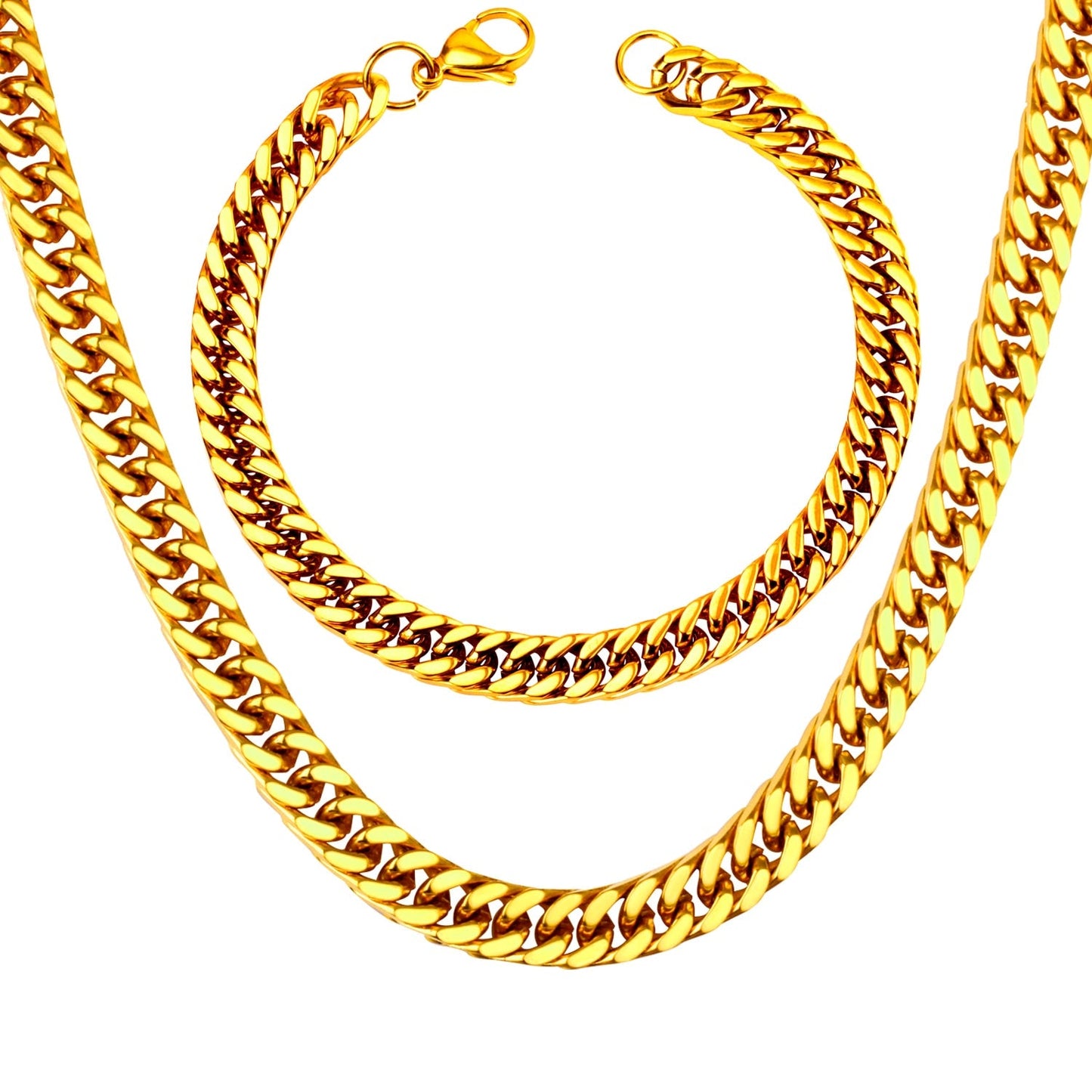 ASON 7mm Link Chians Jewelry Set Gold Color Stainless Steel Cuban Chain Necklace Bracelet Bangle Set For Women Men Fashion