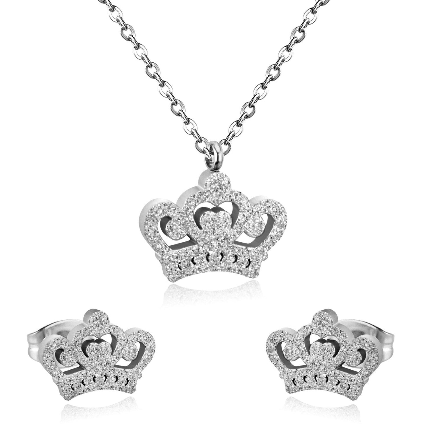 ASON Simple Style Crown Shape Frosted Gold Color Necklace Earrings Stainless Steel for Women Fashion Jewelry Sets Party