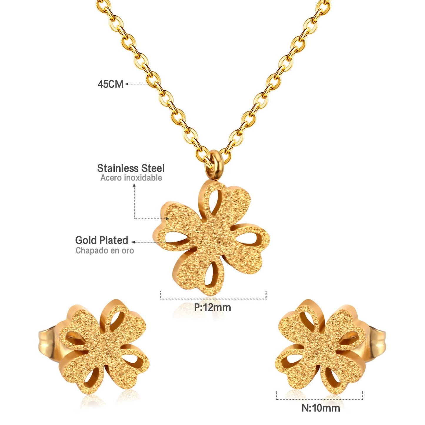 ASON Frosted Flower Chain Pendant Necklace Piercing Earrings Gold Color Stainless Steel for Women Jewelry Sets Fashion