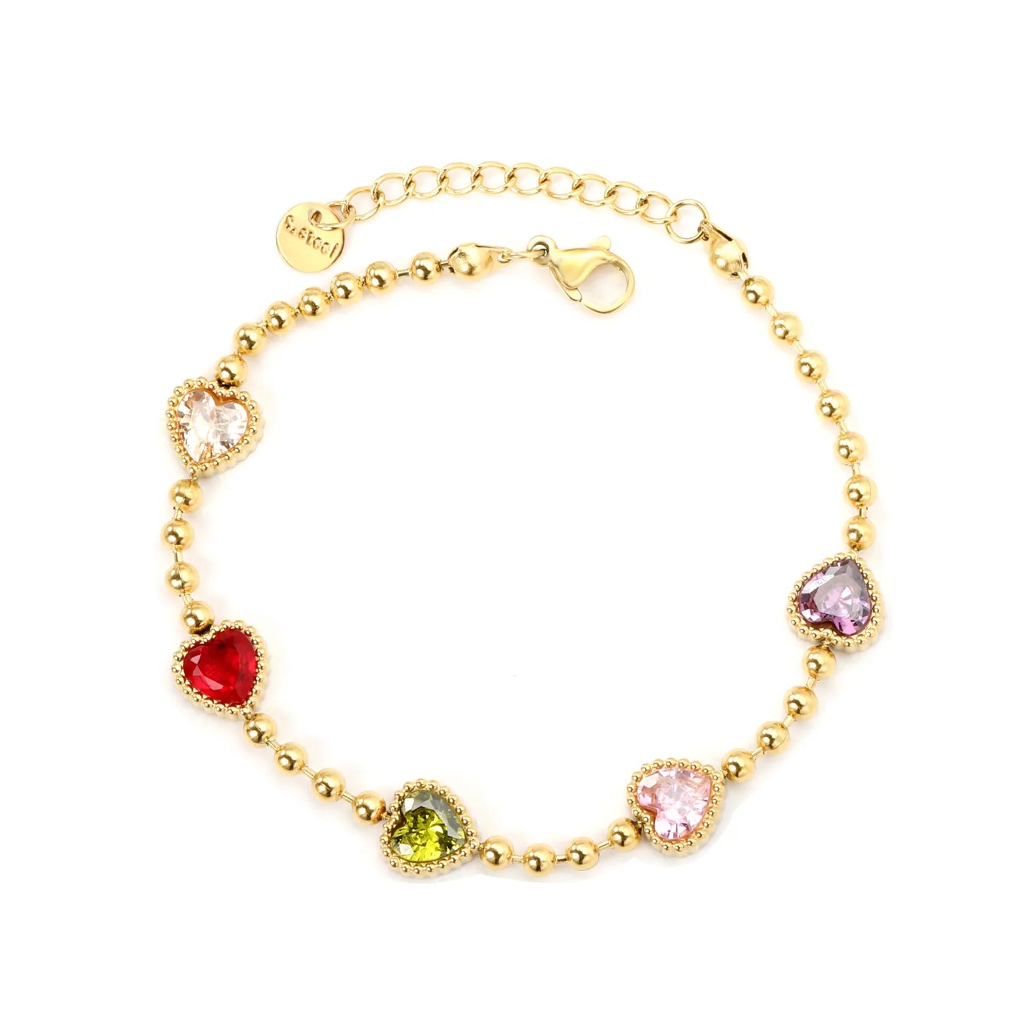 ✨8.6x8.6mm Rainbow Zirconia Bead Bracelet 5-Color Mix | Gold Stainless Steel 3mm Chain 18+3cm | Bulk Wholesale
