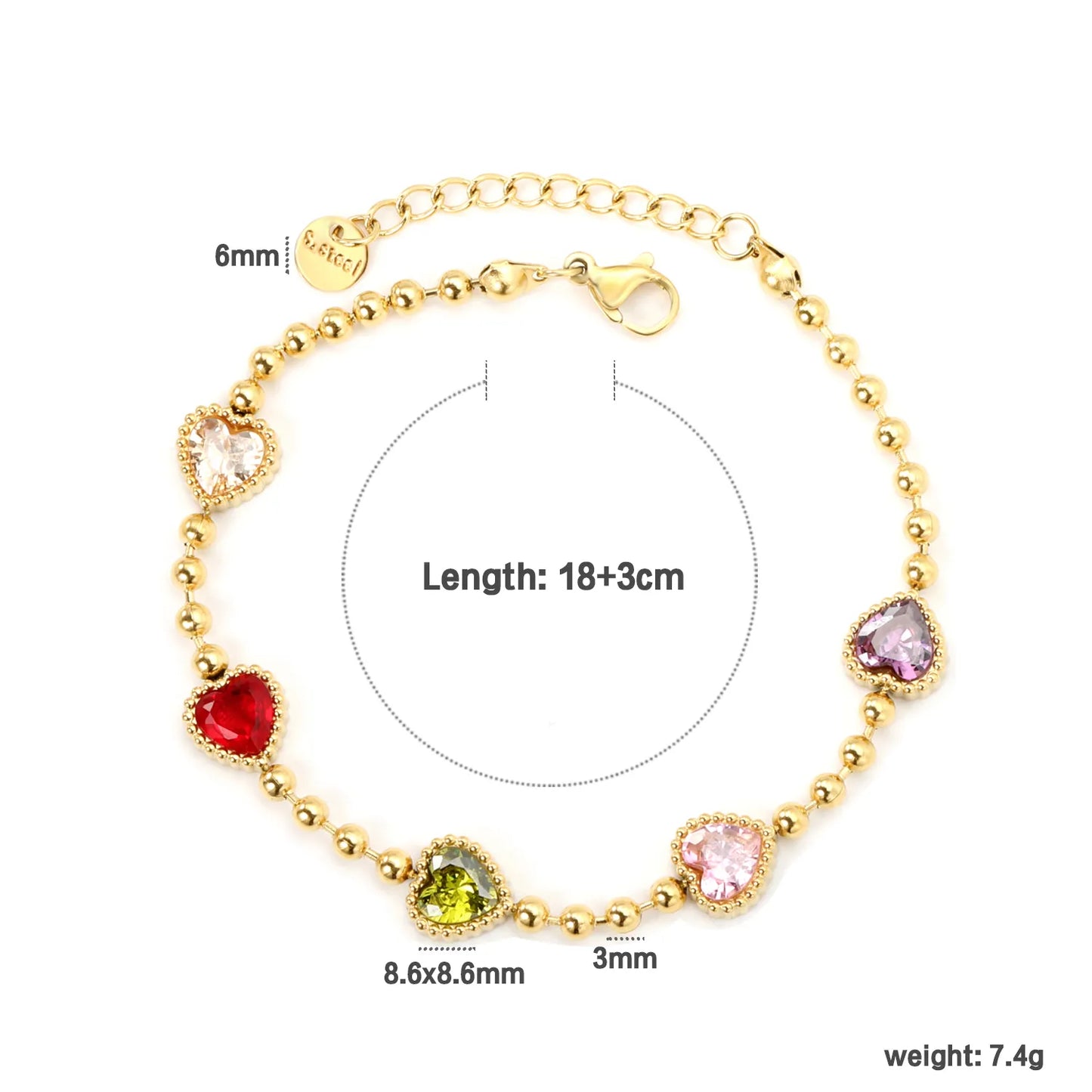 ✨8.6x8.6mm Rainbow Zirconia Bead Bracelet 5-Color Mix | Gold Stainless Steel 3mm Chain 18+3cm | Bulk Wholesale