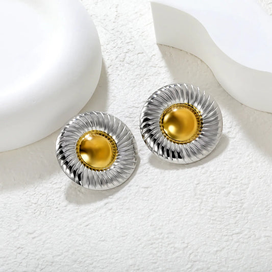 ✨ Wholesale Two-Tone Stainless Steel Ribbed Fried Egg Earrings | 31.5mm Textured Design | Minimalist Abstract Studs
