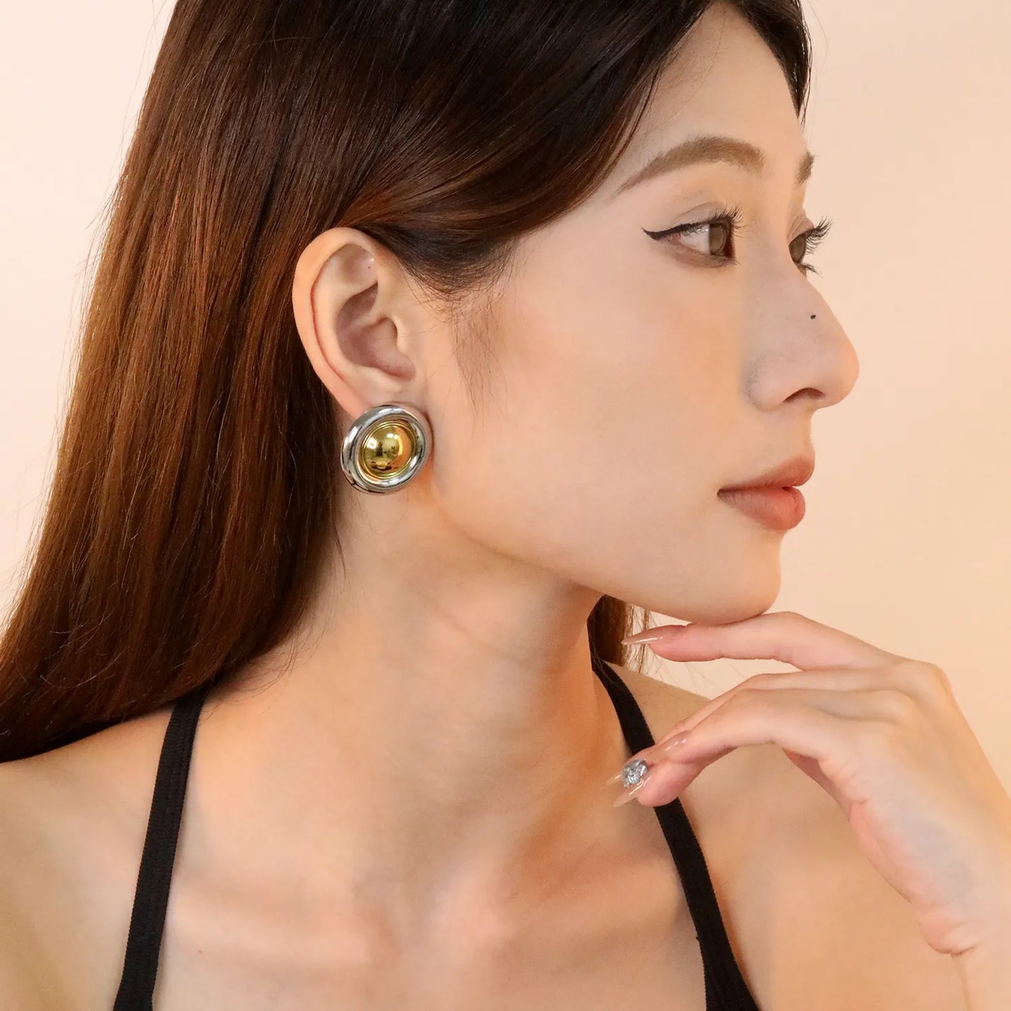 ✨ Wholesale Two-Tone Stainless Steel Fried Egg Earrings | 29mm Minimalist Design | Modern Abstract Studs