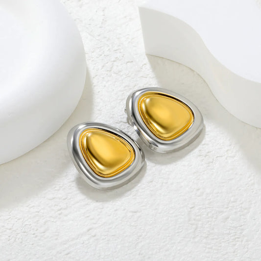 ✨ Wholesale Two-Tone Stainless Steel Geometric Earrings | 23*27mm Oval Triangle Color-Block Design | Modern Abstract Studs