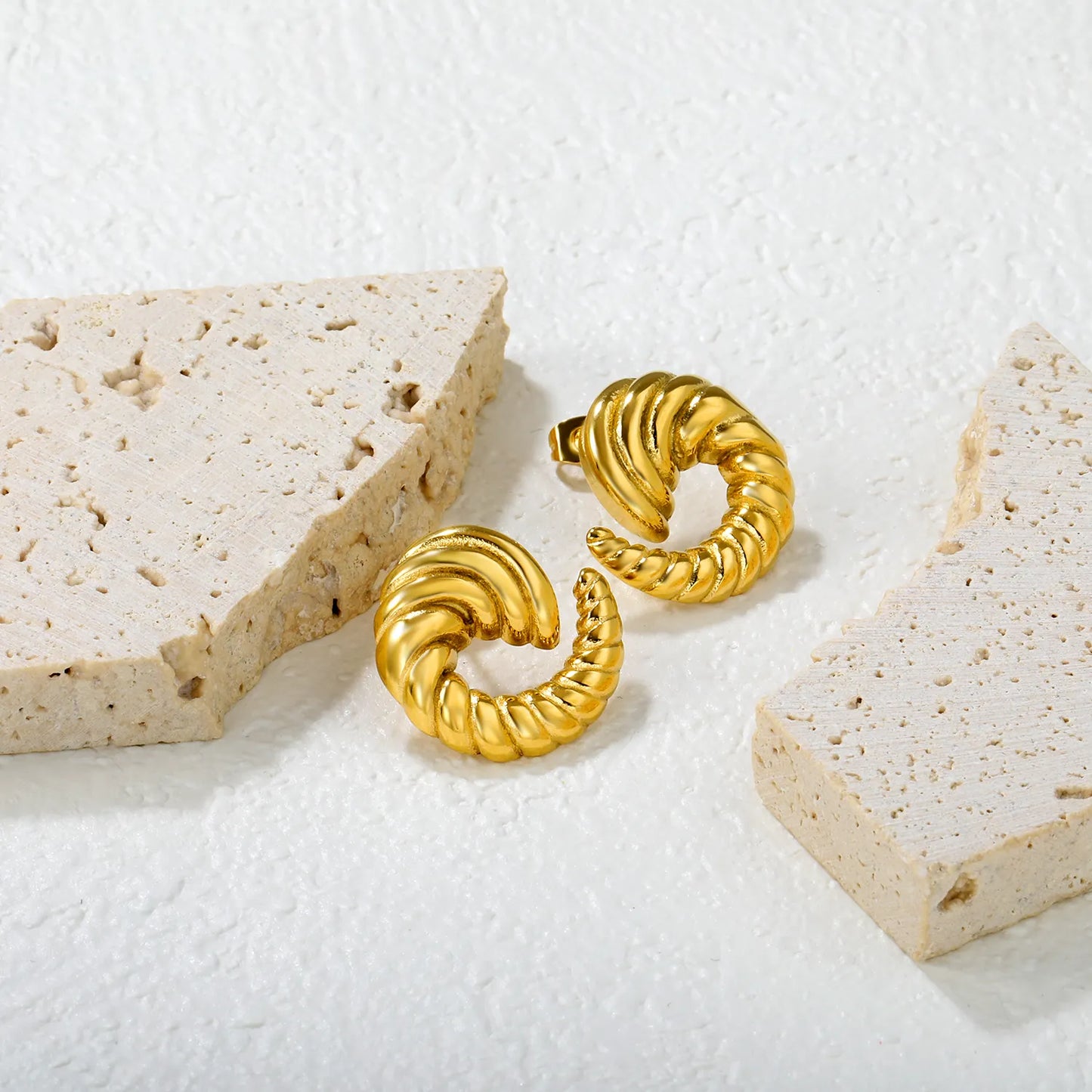 ✨🌀 Wholesale 21x22mm Spiral Horn Earrings | Gold Stainless Steel | Statement Studs
