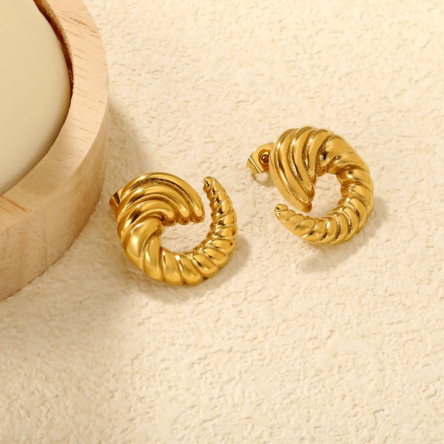 ✨🌀 Wholesale 21x22mm Spiral Horn Earrings | Gold Stainless Steel | Statement Studs