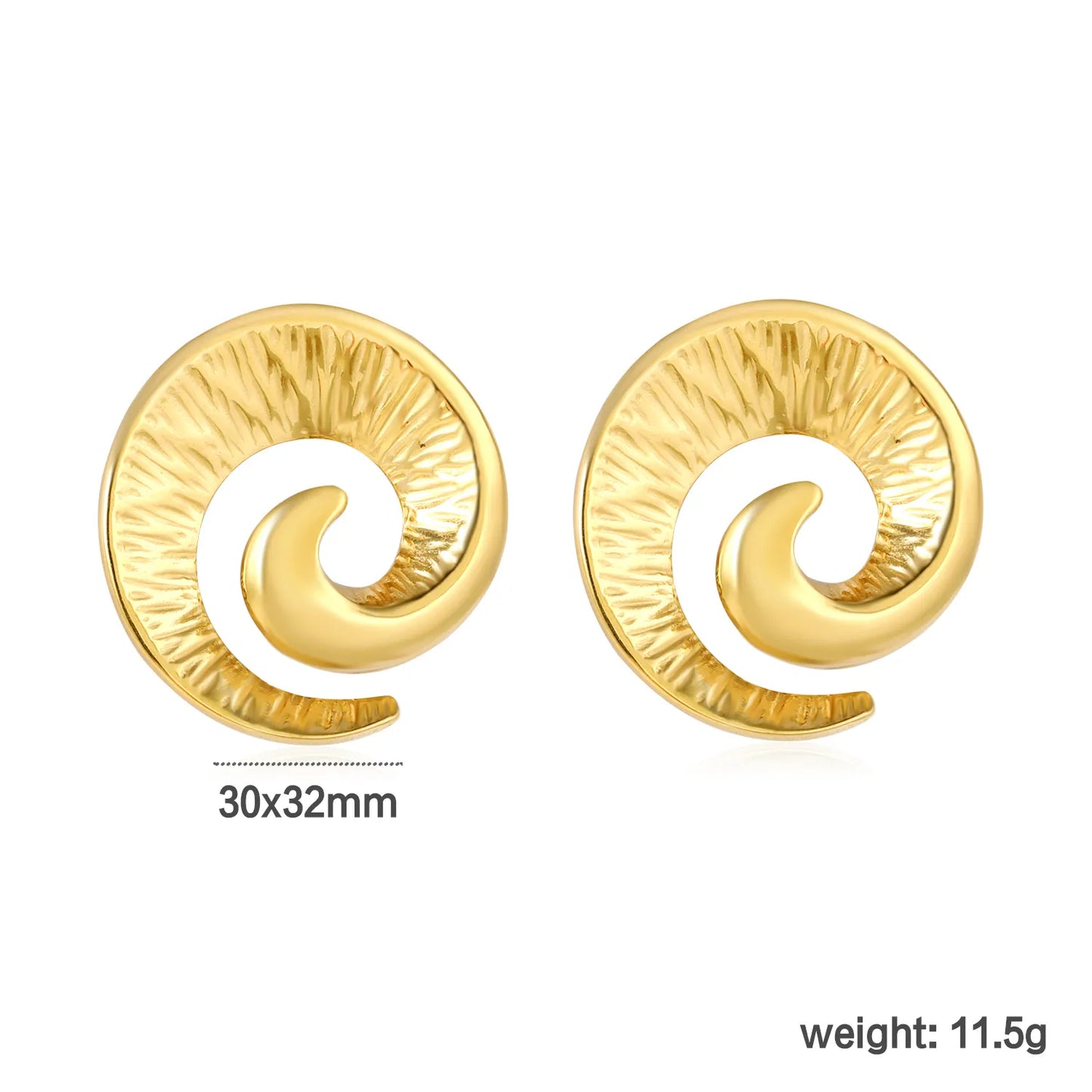 ✨ Wholesale 30x32mm Spiral Horn Studs | Gold Stainless Steel | Statement Earrings