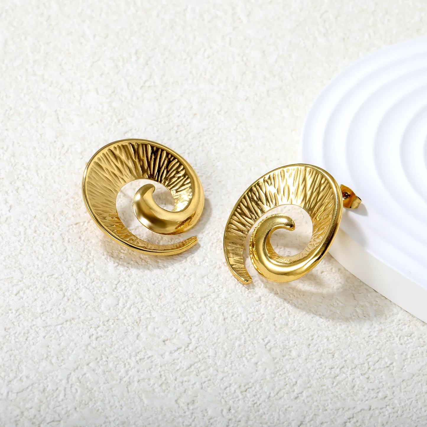 ✨ Wholesale 30x32mm Spiral Horn Studs | Gold Stainless Steel | Statement Earrings