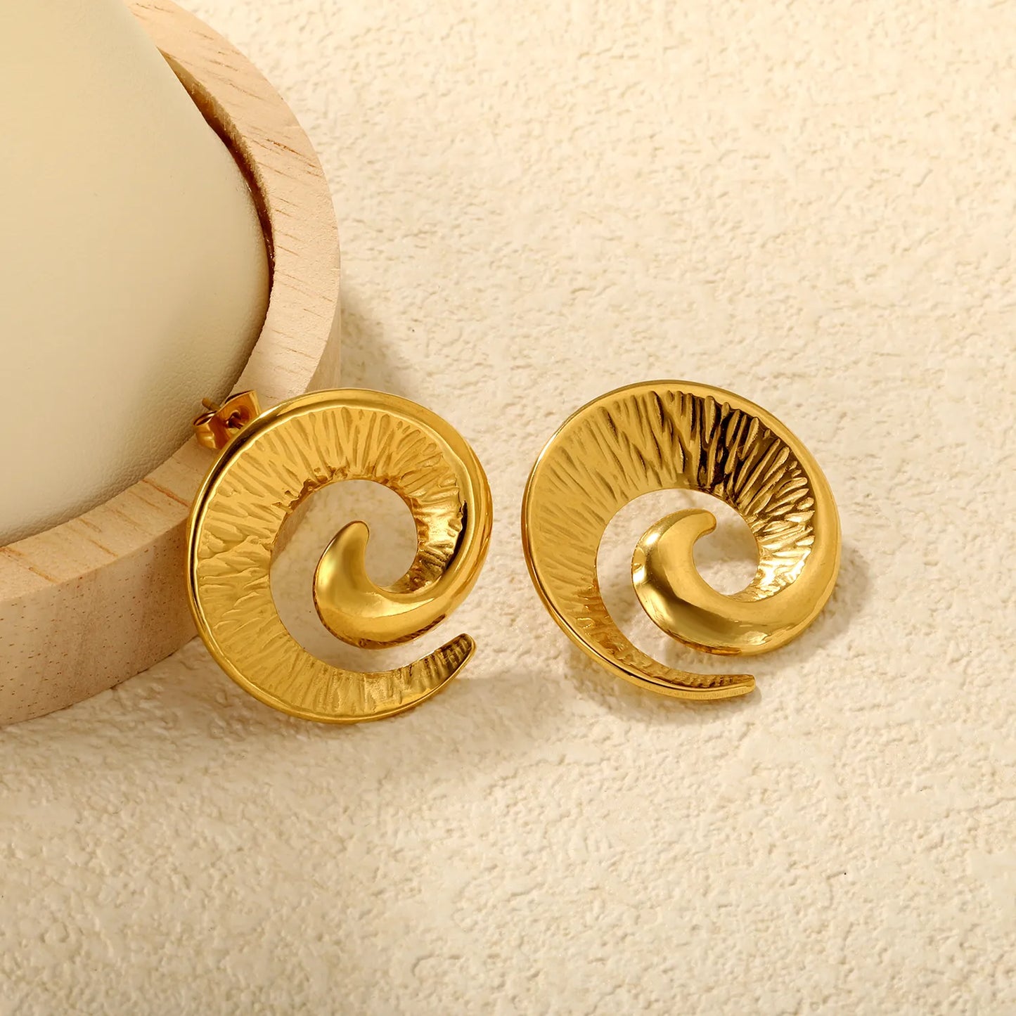 ✨ Wholesale 30x32mm Spiral Horn Studs | Gold Stainless Steel | Statement Earrings