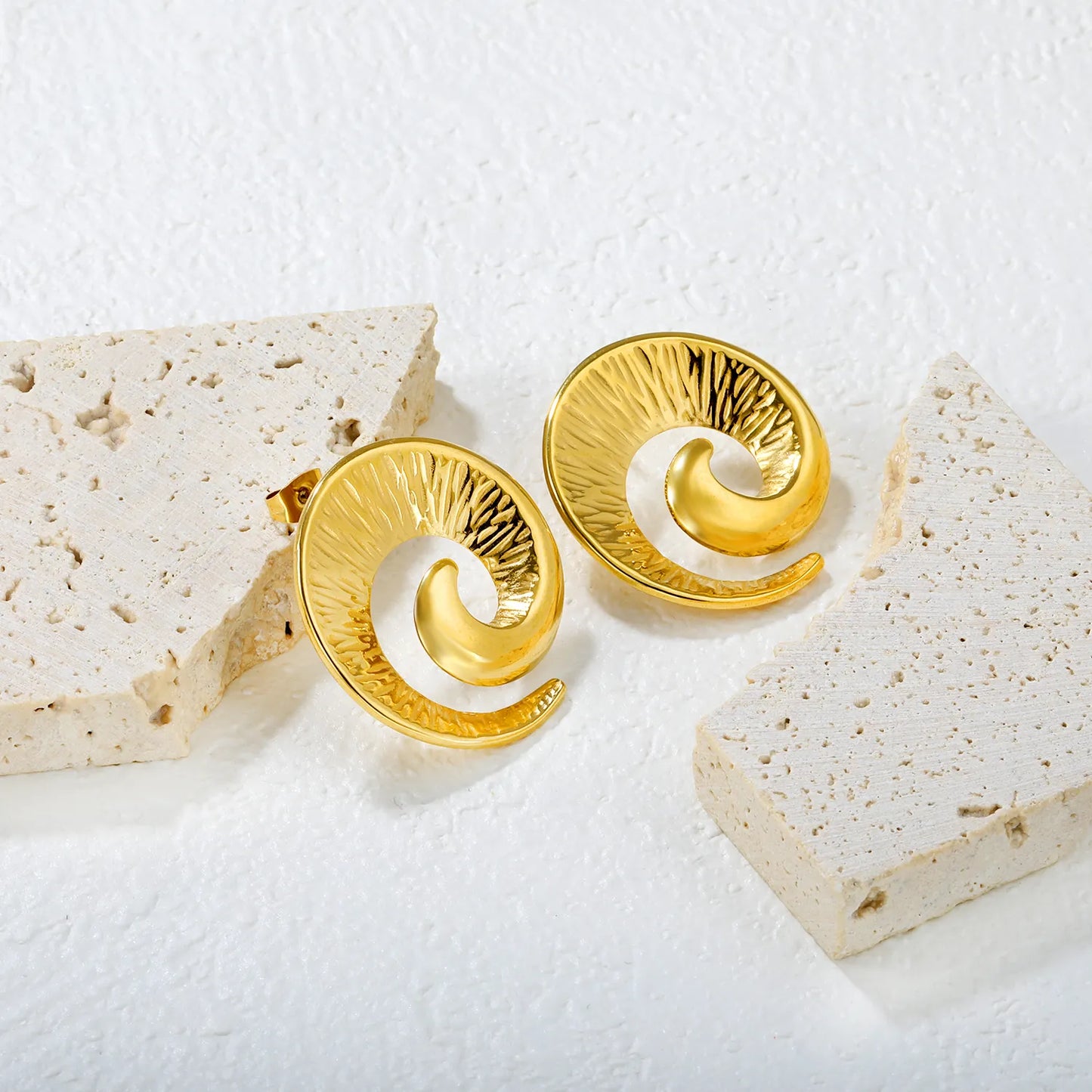 ✨ Wholesale 30x32mm Spiral Horn Studs | Gold Stainless Steel | Statement Earrings