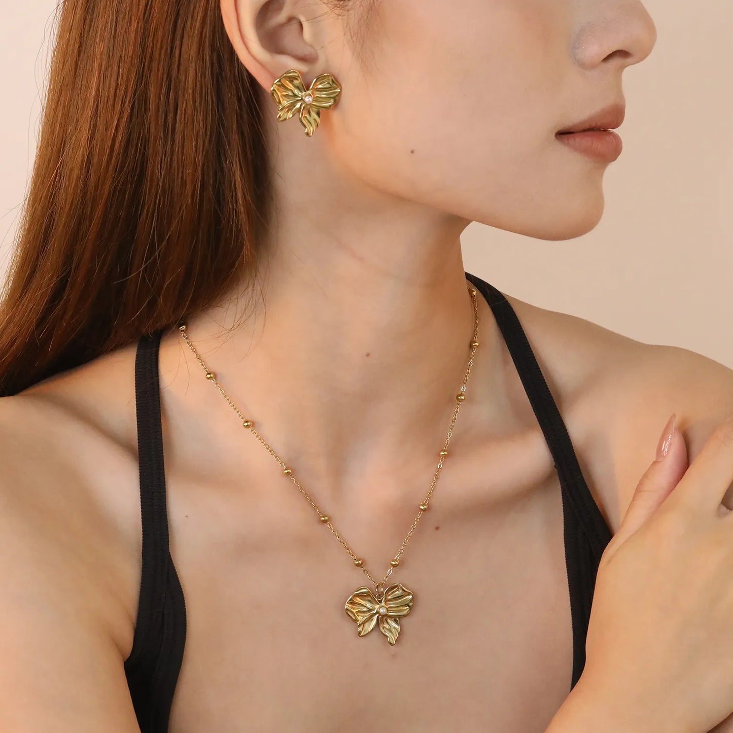 ✨🎀 Wholesale Gold Stainless Steel Pearl Bow Set | 28*24.5mm Earrings & Pendant | 0.4mm Beaded Twist Chain 40+5cm with 6mm Lobster Clasp