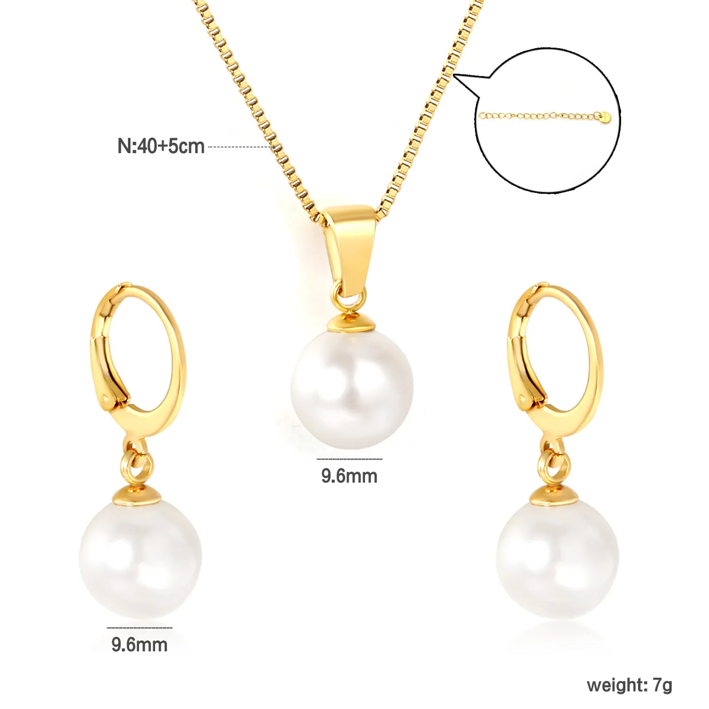 ✨ Wholesale Gold Stainless Steel Pearl-like Jewelry Set | 10mm Earrings & Pendant | Box Chain 40+5cm with Lobster Clasp