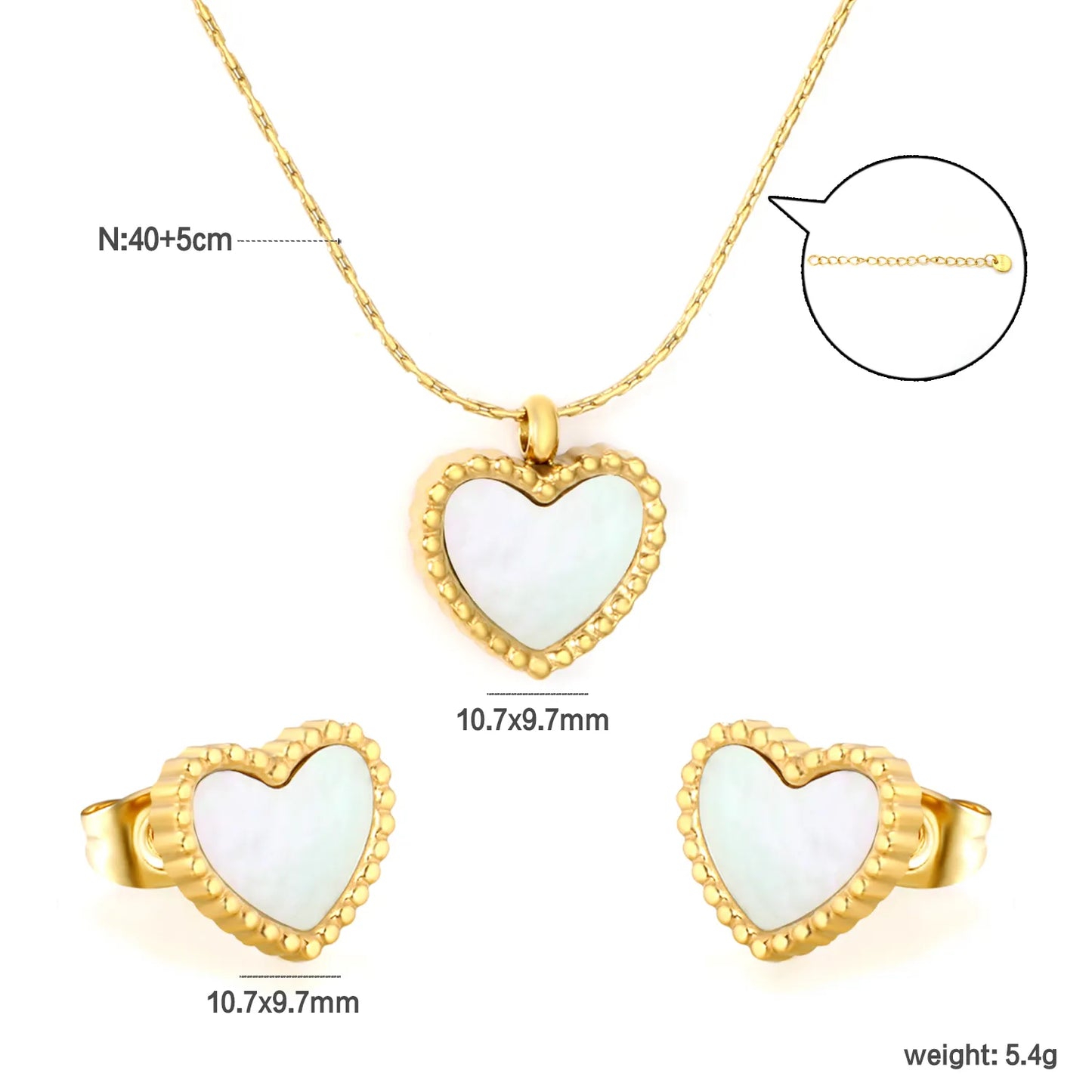 ✨ Wholesale Gold Stainless Steel Mother-of-Pearl Heart Set | 10.7*9.7mm Earrings & Pendant | 0.3mm Twist Chain 40+5cm with 6mm Lobster Clasp