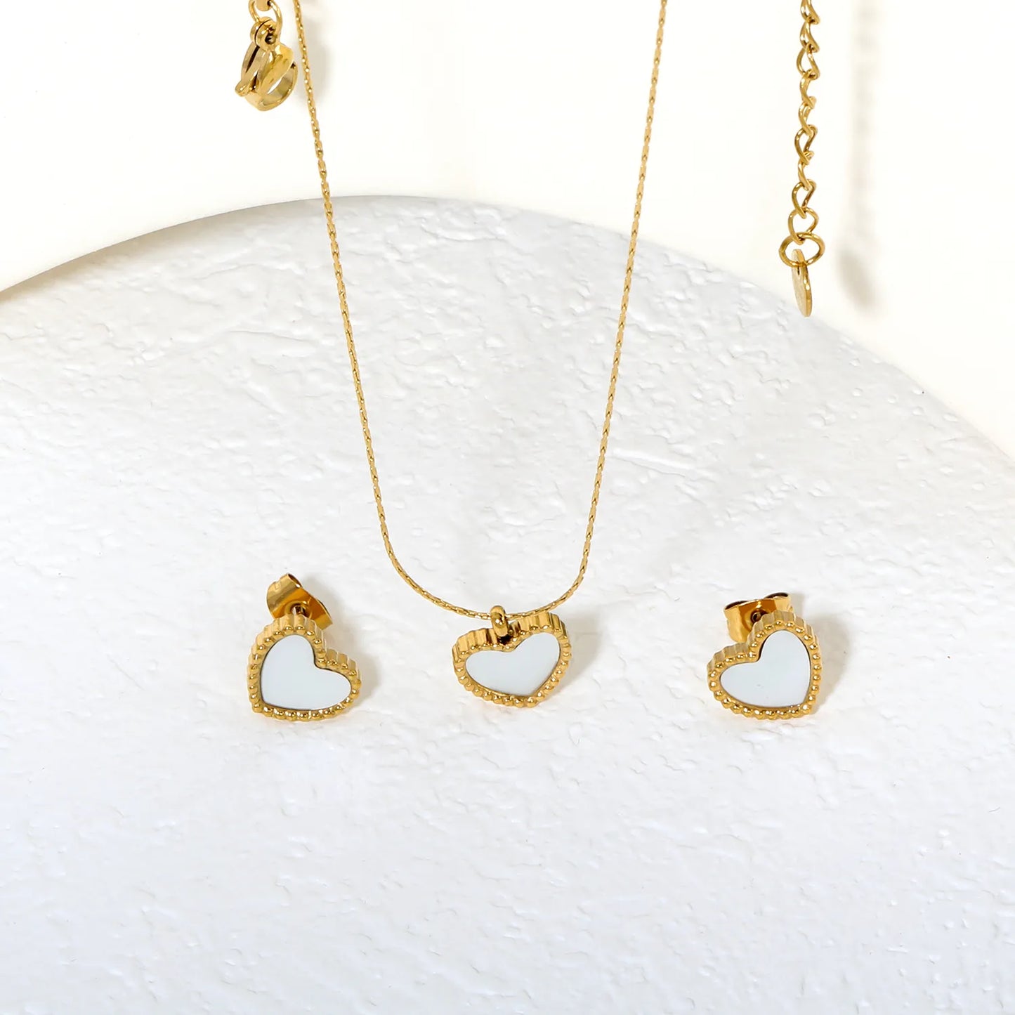✨ Wholesale Gold Stainless Steel Mother-of-Pearl Heart Set | 10.7*9.7mm Earrings & Pendant | 0.3mm Twist Chain 40+5cm with 6mm Lobster Clasp
