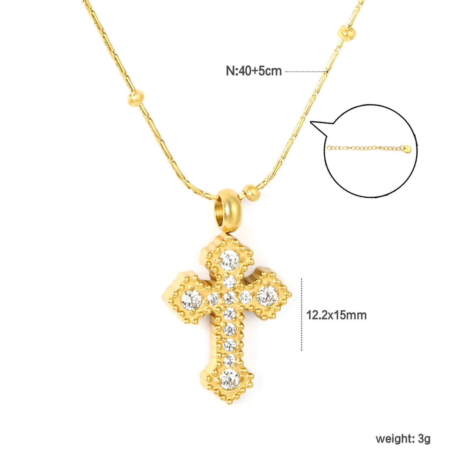 ✨ Wholesale Gold Stainless Steel CNC Zirconia Cross Necklace | 11.2*15mm Detailed Cross Pendant | 0.3mm Beaded Twist Chain 40+5cm with 6mm Lobster Clasp