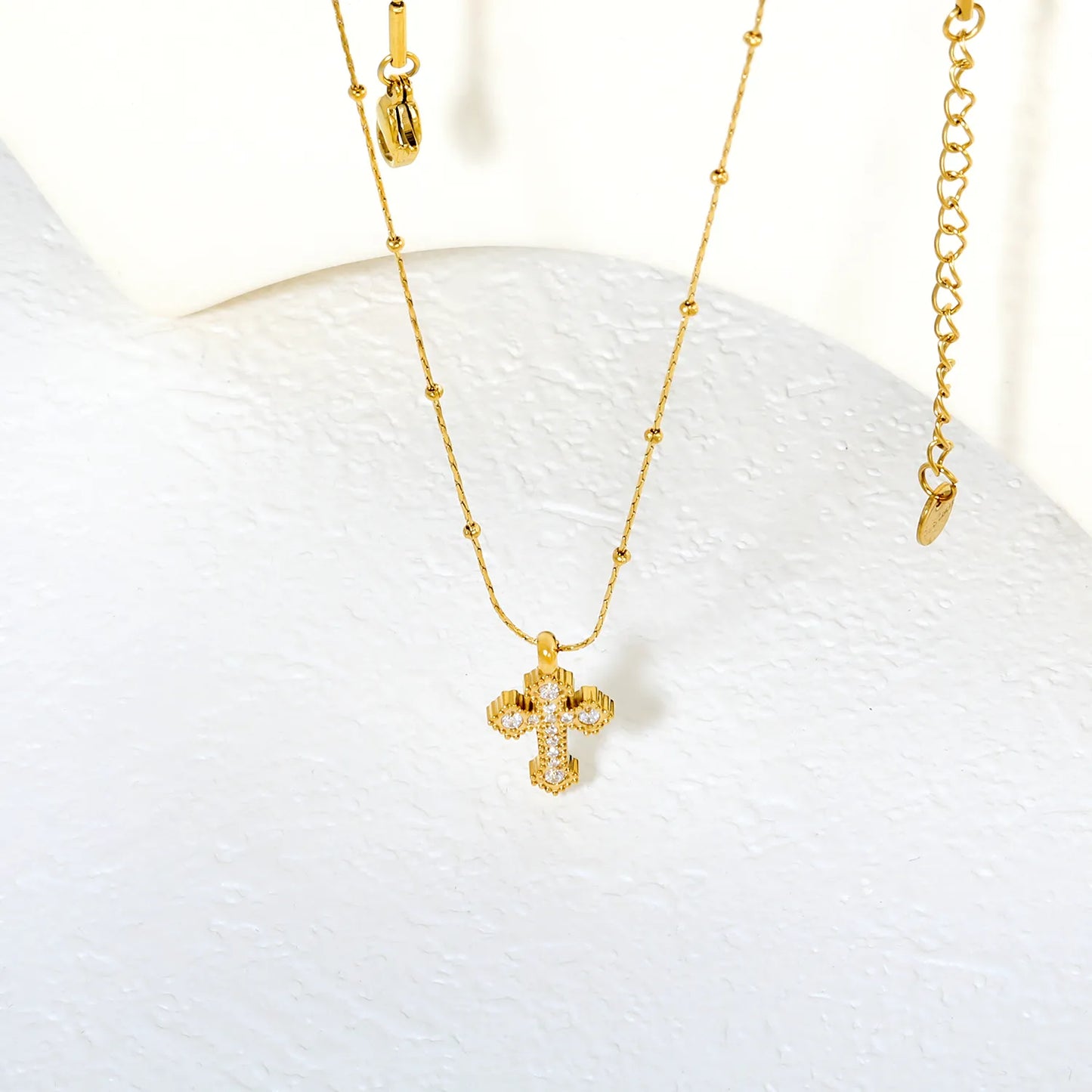 ✨ Wholesale Gold Stainless Steel CNC Zirconia Cross Necklace | 11.2*15mm Detailed Cross Pendant | 0.3mm Beaded Twist Chain 40+5cm with 6mm Lobster Clasp