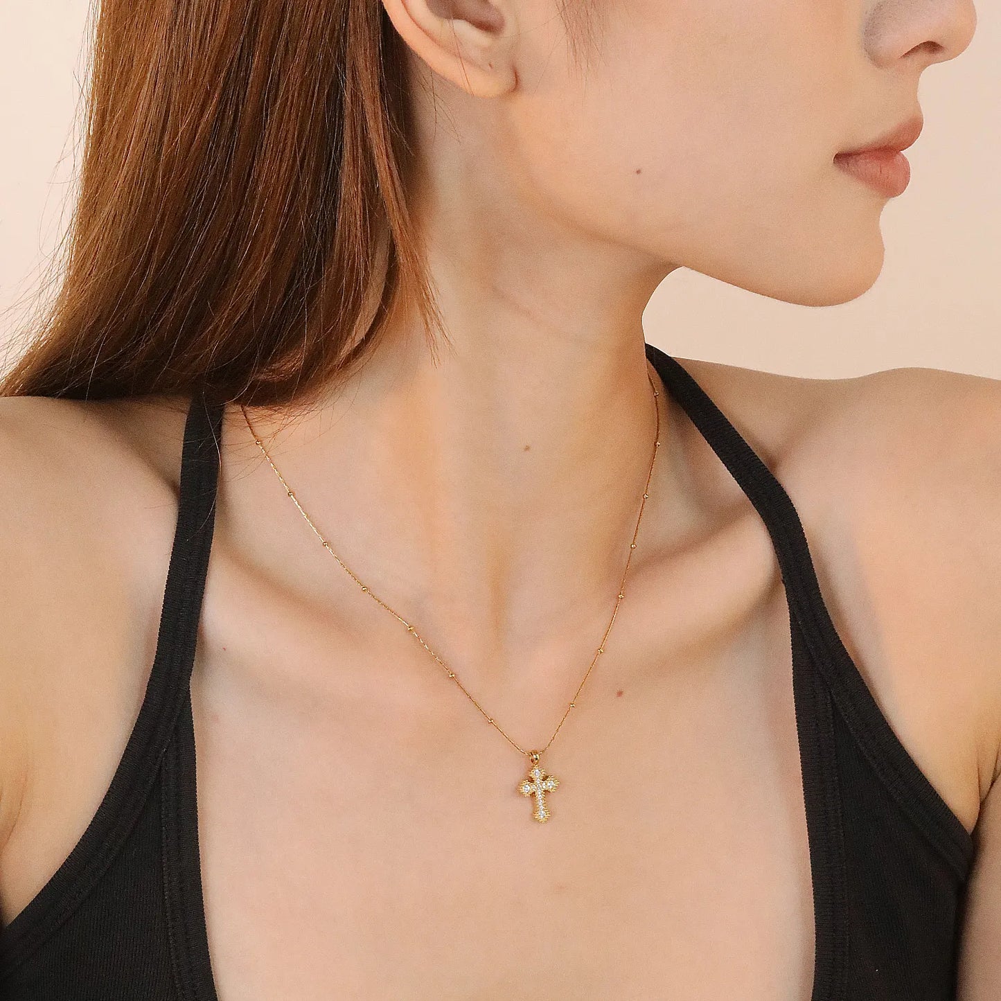 ✨ Wholesale Gold Stainless Steel CNC Zirconia Cross Necklace | 11.2*15mm Detailed Cross Pendant | 0.3mm Beaded Twist Chain 40+5cm with 6mm Lobster Clasp