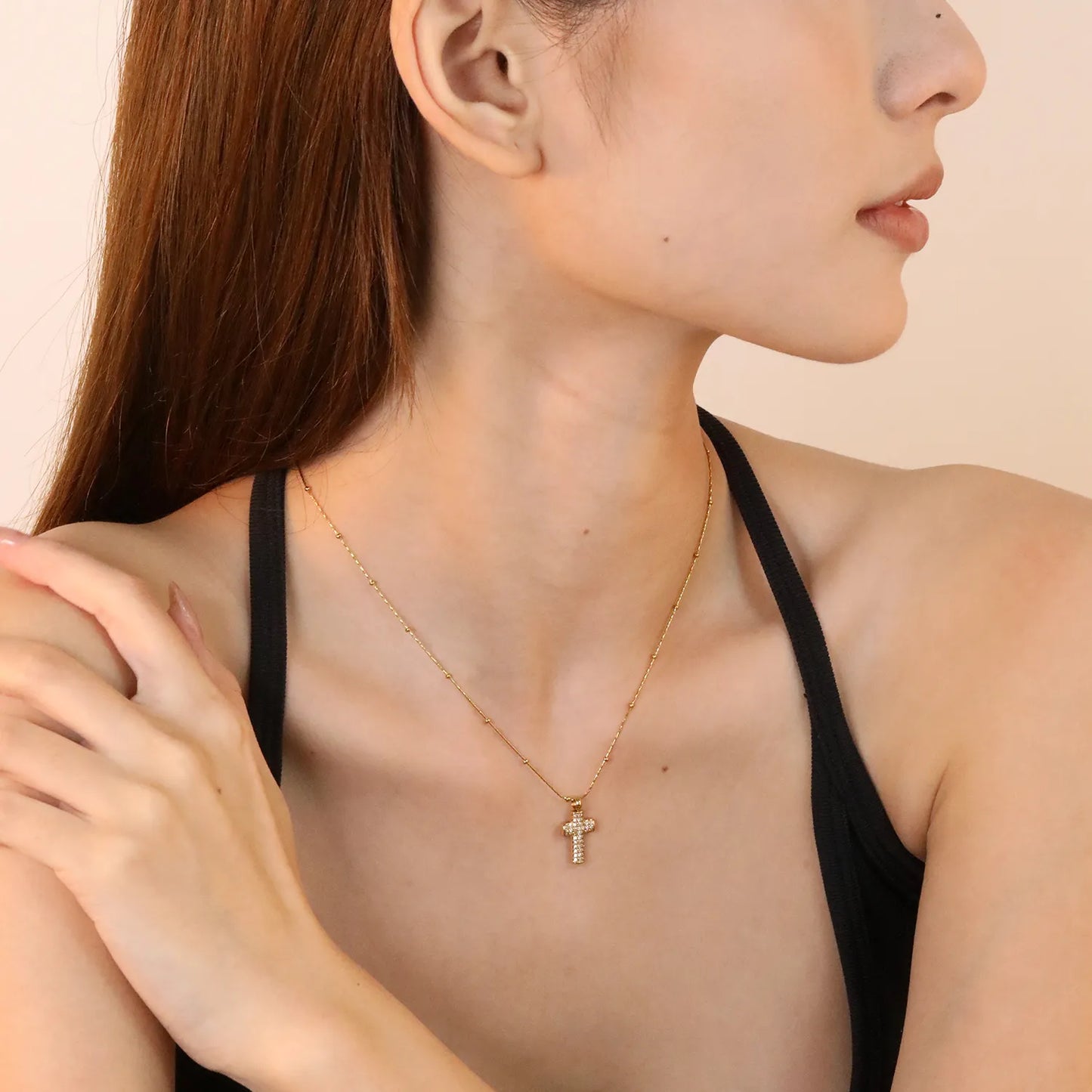 ✨ Wholesale Gold Stainless Steel CNC Zirconia Cross Necklace | 10*15mm Detailed Cross Pendant | 0.3mm Twist Chain 40+5cm with 6mm Lobster Clasp