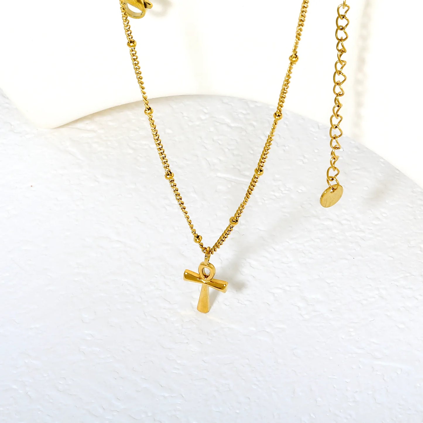 ✨ Wholesale Gold Stainless Steel Egyptian Cross Necklace | 10*15mm Smooth Cross Pendant | 0.4mm Beaded Chain 40+5cm with 6mm Lobster Clasp