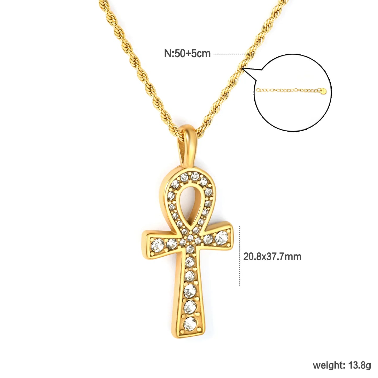 ✨ Wholesale Gold Stainless Steel Egyptian Cross Necklace | 20.8*37.7mm Cross with White Acrylic Gems | 2mm Twist Chain 50+5cm with 6mm Lobster Clasp