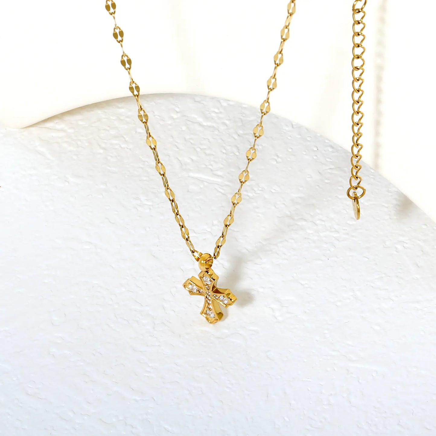 ✨ Wholesale Gold Stainless Steel CNC Zirconia Cross Necklace | 12.6*14mm Detailed Cross Pendant | Cable Chain 40+5cm with 6mm Lobster Clasp